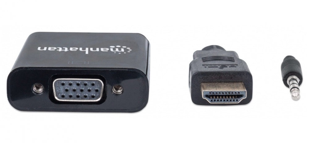 Convertidor HDMI a VGA + Audio 3.5mm Manhattan 151559 | 1080p | Activo | Para Conectar Laptop HDMI a Proyector o Monitor VGA Heredado | SKU 151559