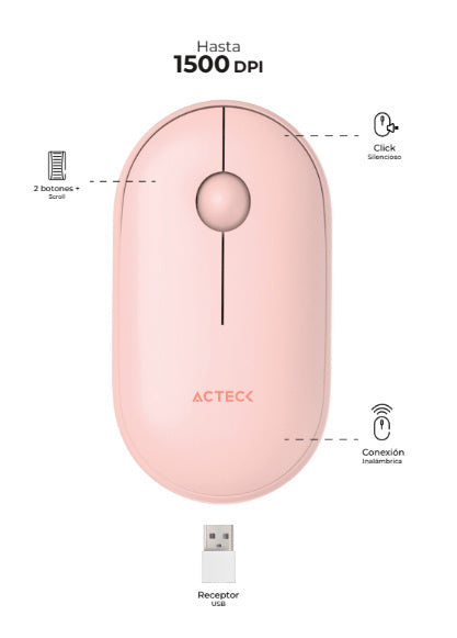 Mouse MI46 Acteck, Inalámbrico, Rosa