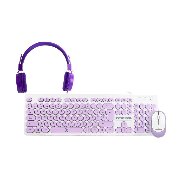 Kit 3 en 1 teclado, audífonos y mouse Perfect Choice, Alámbrico, Morado