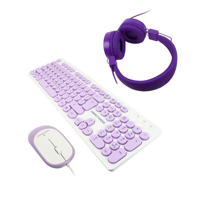 Kit 3 en 1 teclado, audífonos y mouse Perfect Choice, Alámbrico, Morado