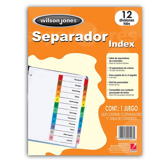 Separadores Wilson Jones Tamaño Carta, con Cejas de colores - 12 Divisiones