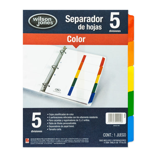 Separadores Wilson Jones Tamaño Carta, con Cejas de colores - 5 Divisiones