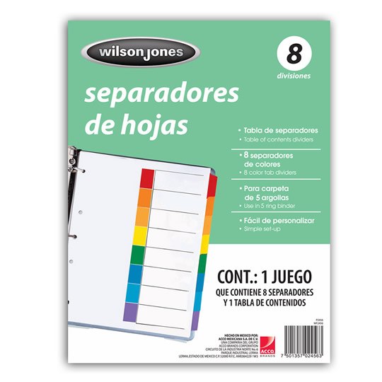 Separadores Wilson Jones Tamaño Carta, con Cejas de colores - 8 Divisiones