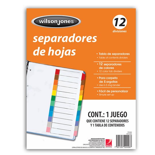 Separadores Wilson Jones Tamaño Carta, con Cejas de colores - 12 Divisiones