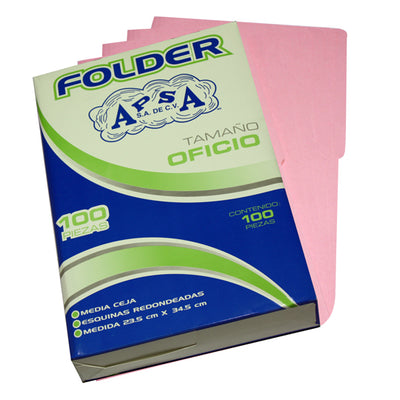 Folder APSA suaje lateral y superior para broche color rosa tamaño oficio - caja con 100 piezas