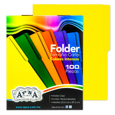 Folder APSA color amarillo intenso suaje lateral y superior para broche tamaño carta