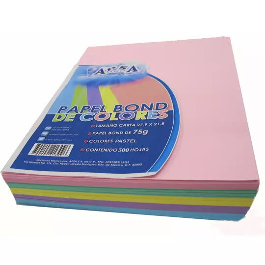 Hojas de color tamaño carta APSA colores pastel paquete con 500 hojas