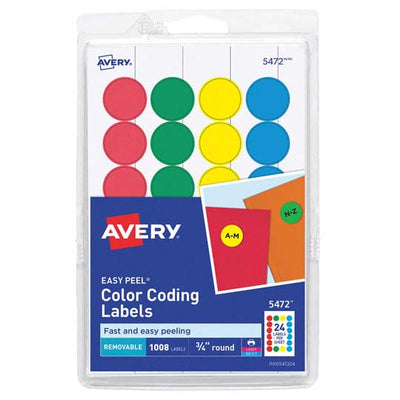Etiqueta redonda removible AVERY azul, rojo, amarillo y verde tecnología laser/inkjet 1 paquete