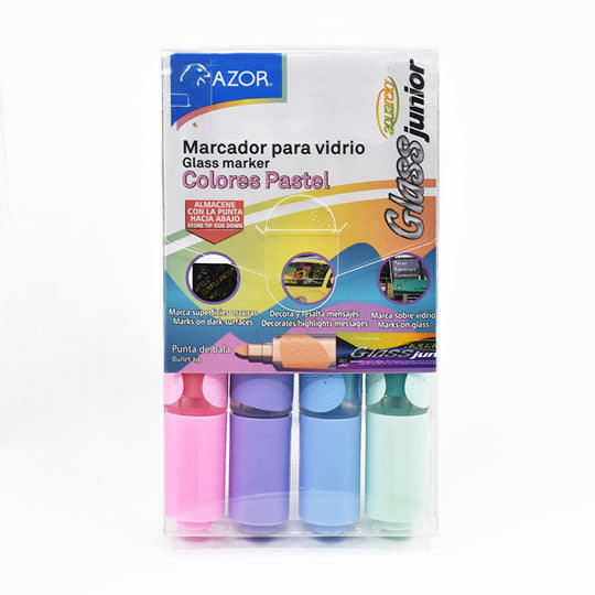 Marcador para vidrio Aquarelo Glass Jr. AZOR colores pastel - caja con 4 piezas