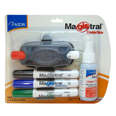 Kit Magistral Didáctico AZOR 4 marcadores, borrador, limpiador, holder y ventosa