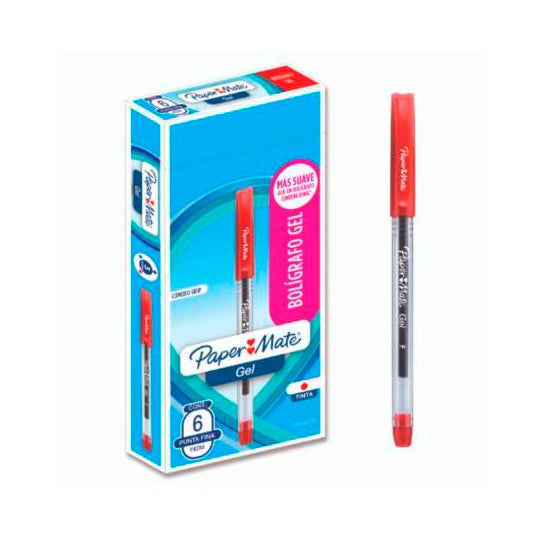 Bolígrafo de Gel Paper Mate Punto Fino Rojo - Caja con 6 piezas