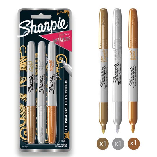 Marcador metálico SHARPIE oro, plata y bronce - 3 piezas