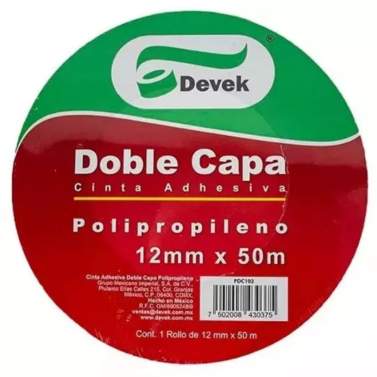 Cinta adhesiva doble cara polipropilenoDevek 12 mm x 50 m