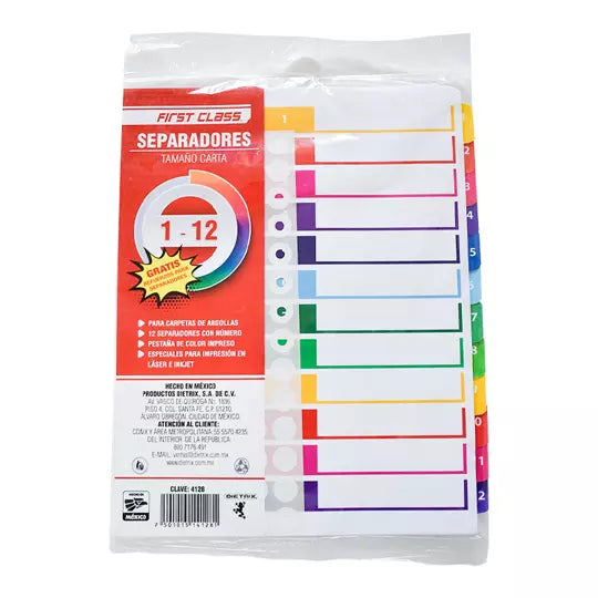 Separadores Dietrix tamaño carta del 1 al 12 pestañas de color impreso el numero