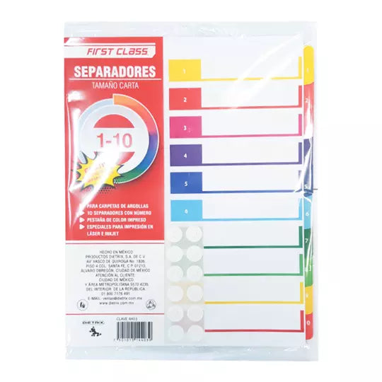 Separadores Dietrix tamaño carta del 1 al 10 pestañas de color impreso el numero