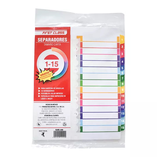 Separadores Dietrix tamaño carta del 1 al 15 pestañas de color
