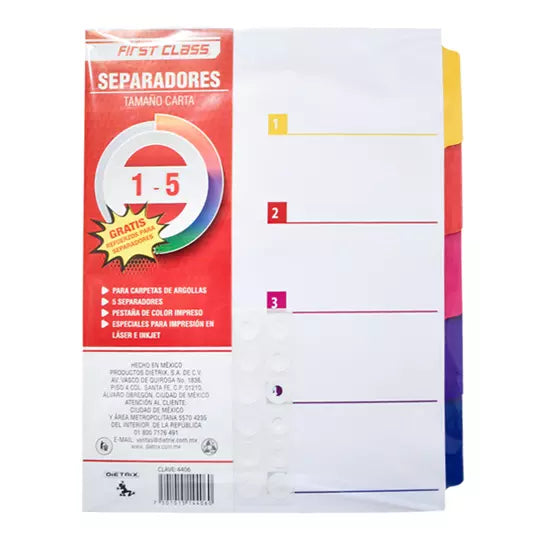 Separadores Dietrix tamaño carta del 1 al 5 pestañas de color