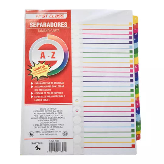 Separadores Dietrix tamaño carta de la A- Z pestañas de color