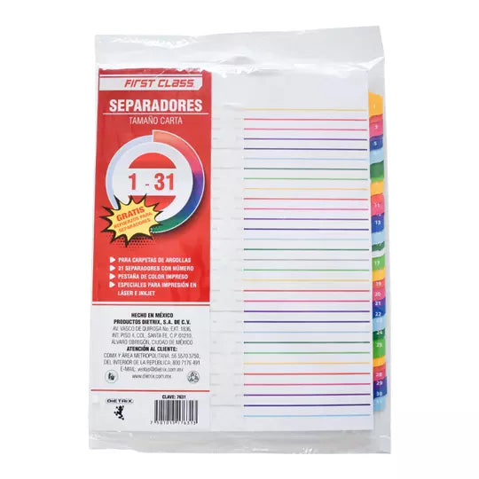 Separadores Dietrix tamaño carta del 1 al 31 pestañas de color impreso el numero