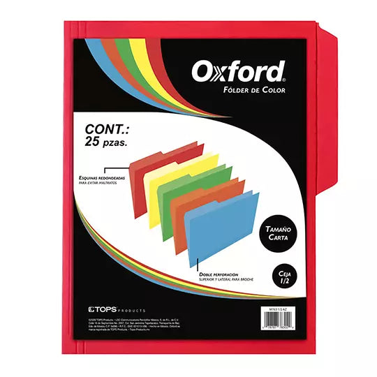 Folder de color Oxford carta color rojoceja 1/2 caja con 25 pzas