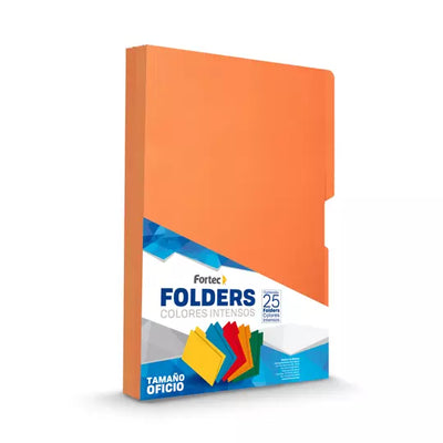 Folder de color intenso Fortec oficio color naranja ceja 1/2 caja con 25 pzas