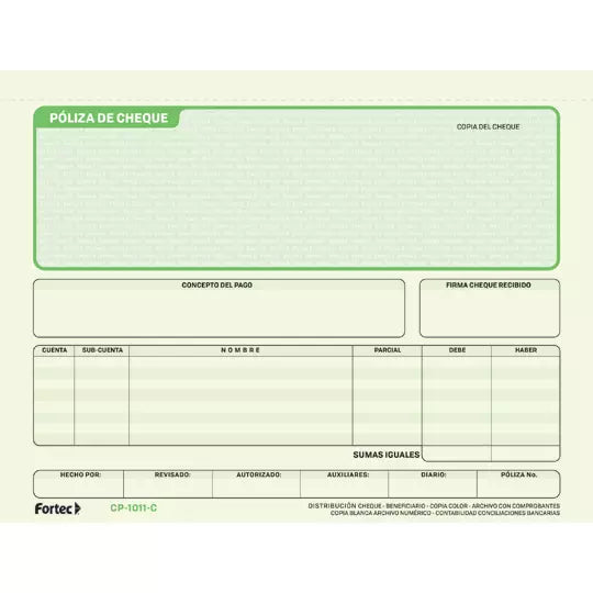 Póliza de cheque con carbón Fortec 1/2 oficio block con 25 juegos