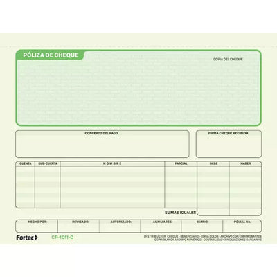 Póliza de cheque con carbón Fortec 1/2 oficio block con 25 juegos