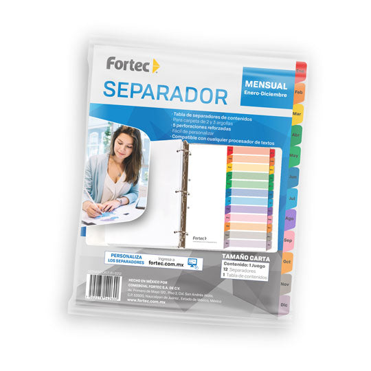 Separador con índice FORTEC 5 perforaciones para carpetas de 2 y 3 arillos, color blanco tamaño carta