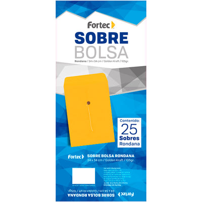 Sobre tipo bolsa Golden kraft FORTEC solapa con rondana e hilo color amarillo tamaño oficio con 25 sobres