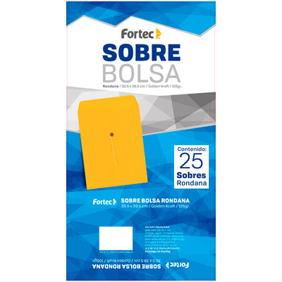 Sobre tipo bolsa Golden kraft  FORTEC solapa con rondana e hilo color amarillo tamaño legal con 25 sobres