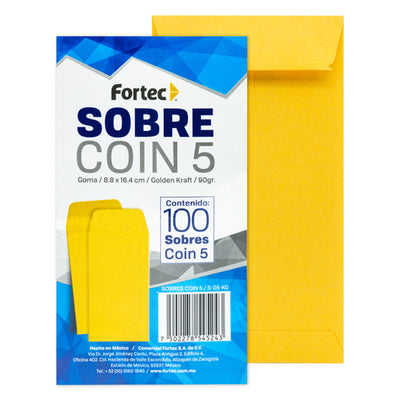 Sobre Coin FORTEC color amarillo kraft coin no. 5 medidas 8.8X16.4cm