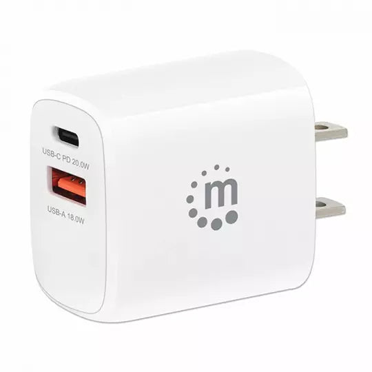 Cargador de Pared Manhattan 20W USB A 3.0, USB C, Blanco