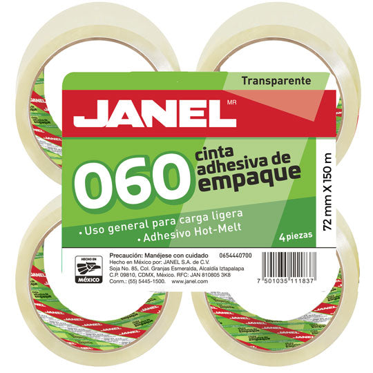 Cinta de Empaque Janel Transparente de 72mm x 150m - Paquete con 4 piezas