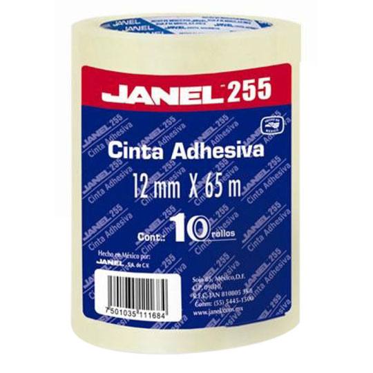 Cinta Adhesiva Janel Transparente de 12mm x 65m - Paquete con 10 Piezas