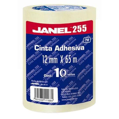 Cinta Adhesiva Janel Transparente de 12mm x 65m - Paquete con 10 Piezas