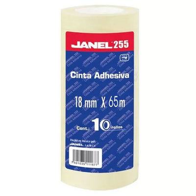 Cinta Adhesiva Janel Transparente de 18mm x 65m - Paquete con 10 piezas