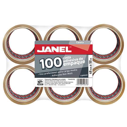 Cinta de Empaque Janel Canela de 48mm x 50m - Paquete con 6 piezas