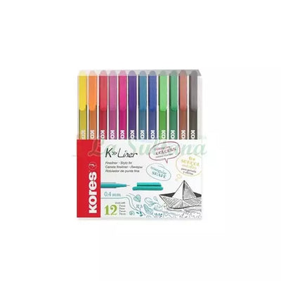 Rotuladores Kores K-Liner punto 0.4 estuche con 12 colores surtidos.