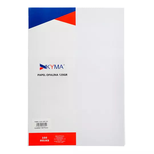 Paquete de papel opalina blanco 120gr Kyma, tamaño oficio, paquete 100 hs