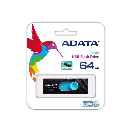 Memoria USB Adata Uv320, 64GB, USB 3.0, Color Negro/Azul