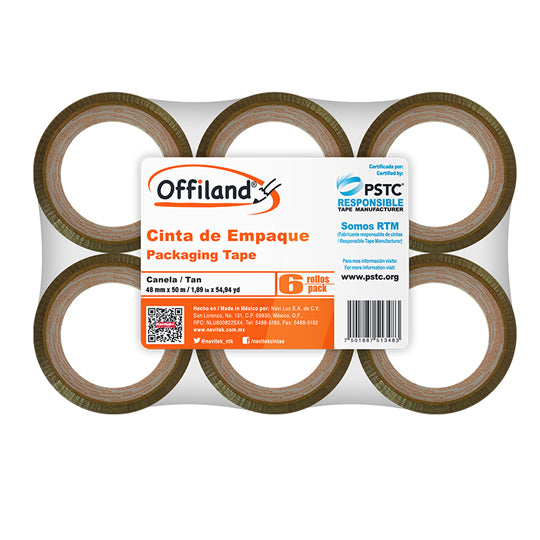 Cinta de Empaque Offiland Canela de 48mm x 50m - Paquete con 6 piezas