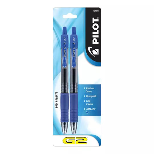 Bolígrafo fino retráctil G2-7 Pilot tinta gel color azul blíster con 2 piezas