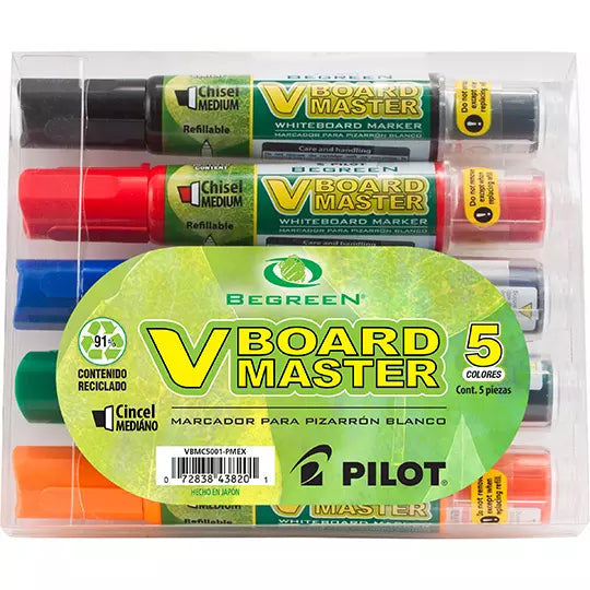 Marcador para pizarrón VBoard Pilot recargable punta cincel surtido c/5 pzs