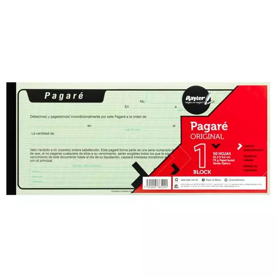 Pagare Rayter, 1/3 de carta, papel verde, block 50 hojas blíster con 2