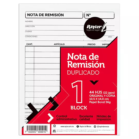 Remisión Rayter 1/4 duplicado blíster con 6, color blanco, 22 juegos