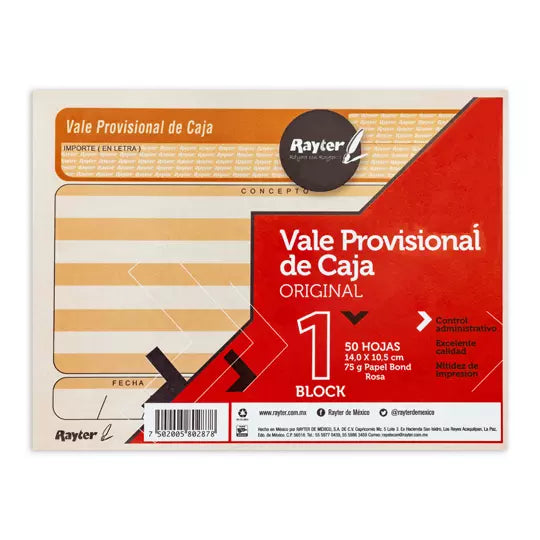 Vale provisional Rayter, tamaño 1/4 carta, color rosa, block 50 hojas