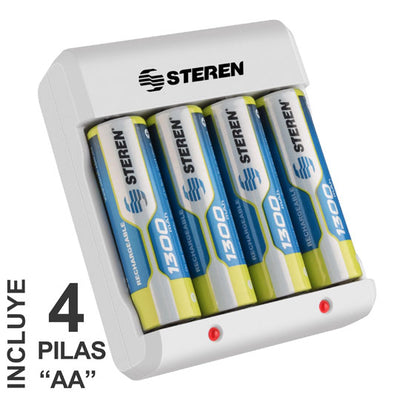 Cargador STEREN para AA y AAA - 4 baterías AA color blanco