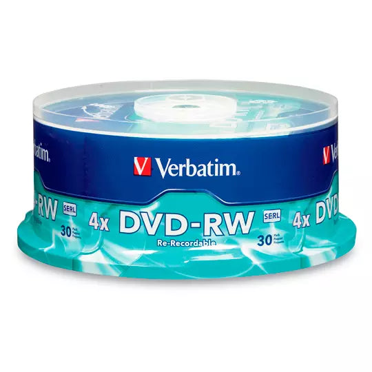DVD-RW Verbatim 95179 | 4.7 GB | 4x | Regrabable hasta 1,000 veces | Caja de 30 Piezas | Para Backup, Archivo y Distribución | SKU 95179