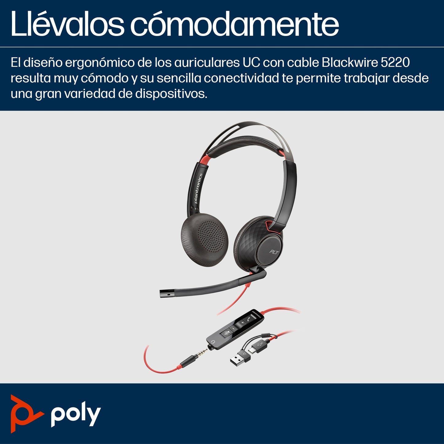 Headset Poly modelo Blackwire 5220 Sonido Stereo conector USB-C + Plug de 3.5 mm + adaptador de USB-C a USB-A