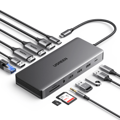 Docking Station USB-C 12 en 1 / 2 HDMI 4K@60Hz + DisplayPort 4K@60Hz / 6 Puertos USB 3.2/3.0 / Gigabit Ethernet / Lector SD/TF / Audio 3.5mm / PD 100W / Triple Pantalla